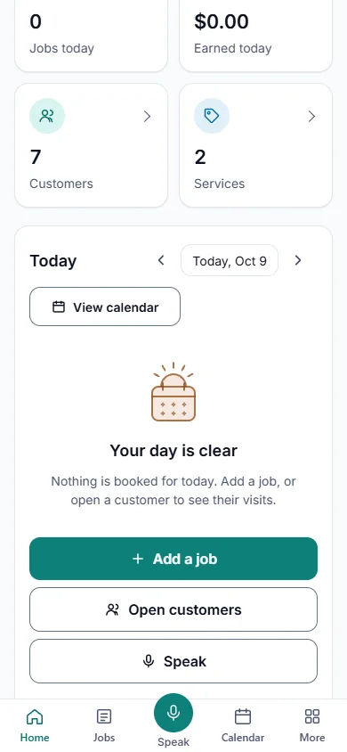 The app's Home screen on a phone: jobs today, earned today, customers, services and today's schedule.