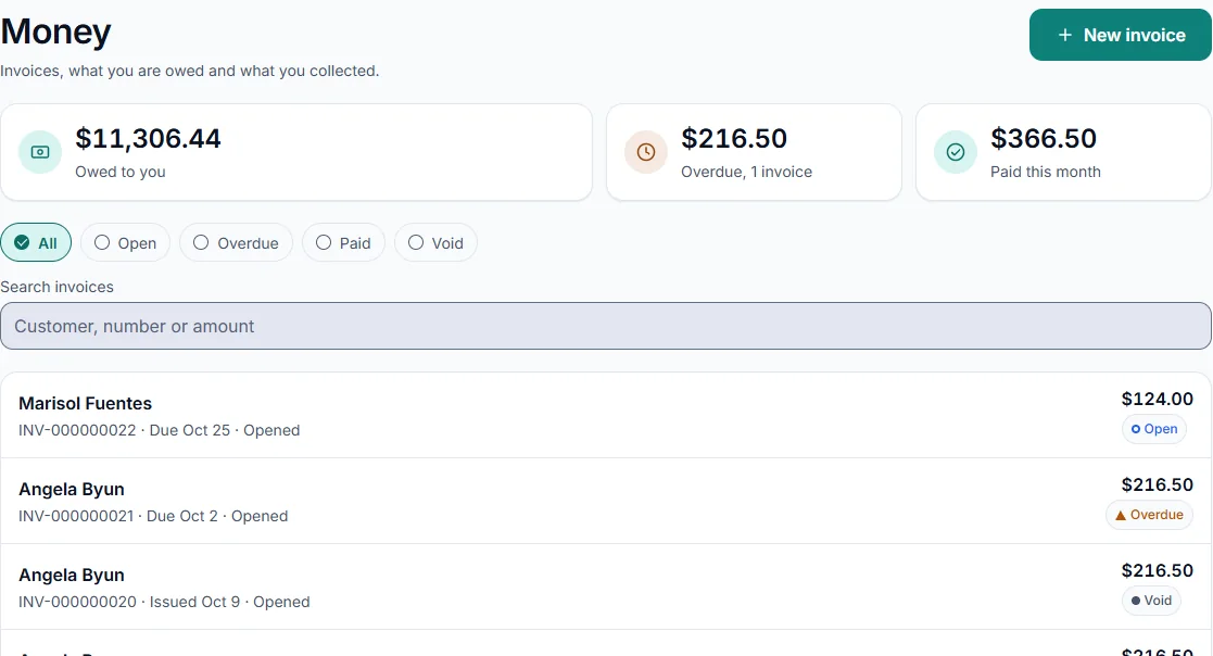 The app's Money screen: what is owed to you, what is overdue, what was paid this month, and a list of invoices with their status.