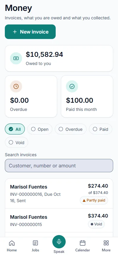 The app's Money screen on a phone: what is owed to you, what is overdue, what was paid this month, and the latest invoices.