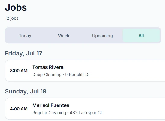 The app's Jobs screen: a Today, Week, Upcoming and All switch, then visits listed by day with the time, the customer, the service and the address.